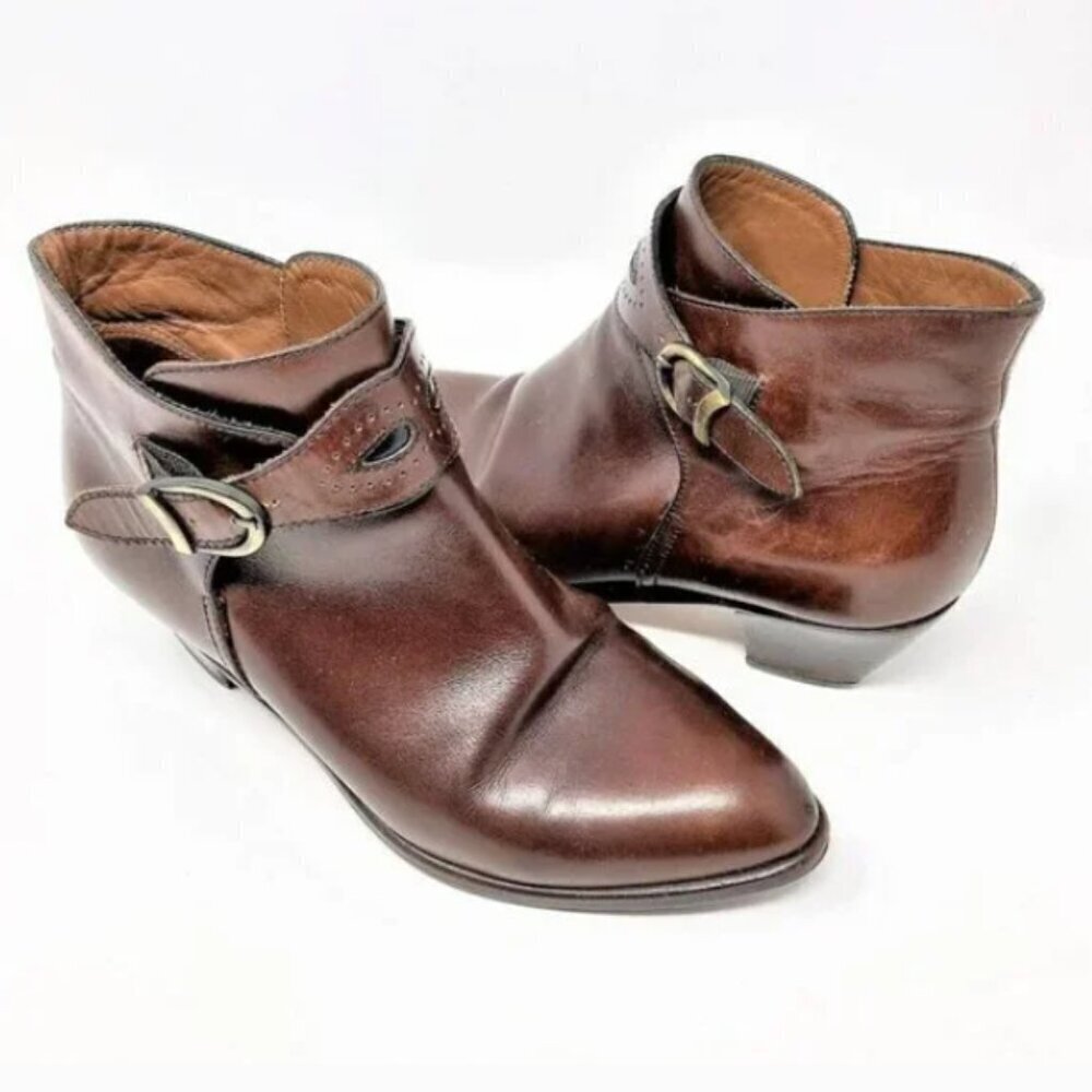 Russell & Bromley Burnished Brown Italian Leather Ankle Strap Boots - Size 6.5